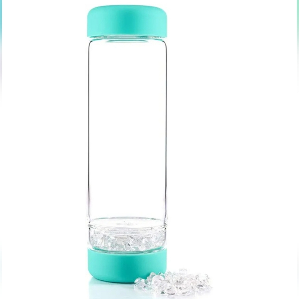 Vitajuwel Inu! Clear Glass Water‎ Bottle  Aqua Lid + Grey Felt Insulator Sleeve